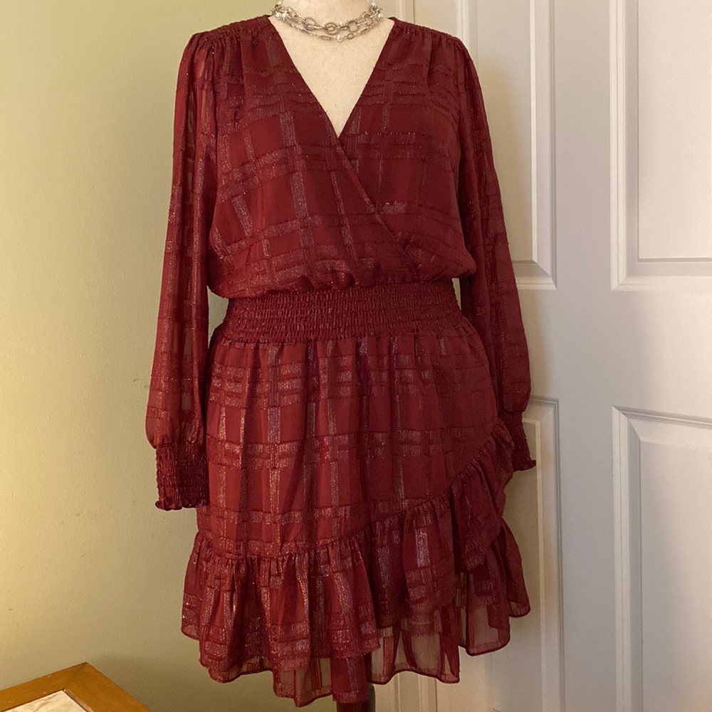 Michael Kors NWOT burgundy silver metallic ruffled long sleeve holiday dress